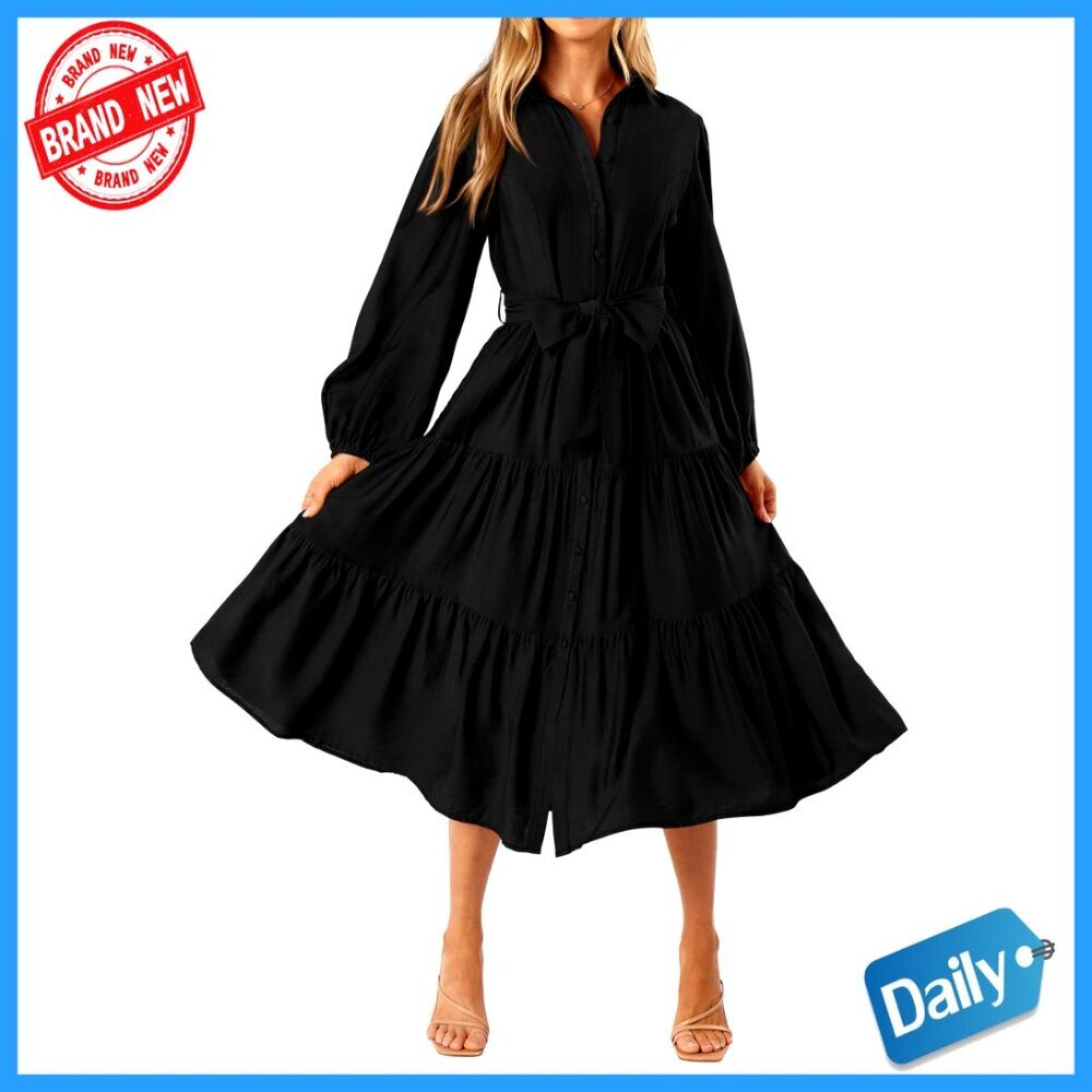 Long Sleeve Midi Dress V Neck Button Down Tiered Flowy A-Line Tie Waist